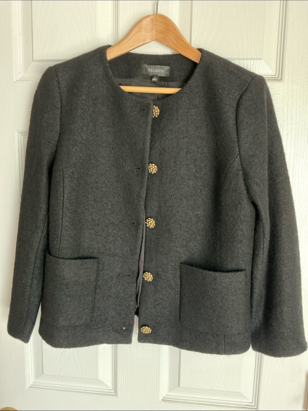 Talbots Charcoal Wool-Blend Round-Neck Pea Coat with Gold Buttons